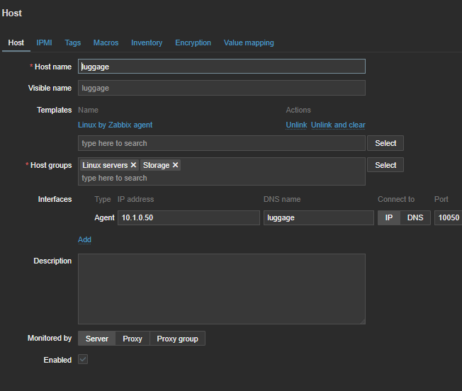 My Zabbix server host entry for my NAS