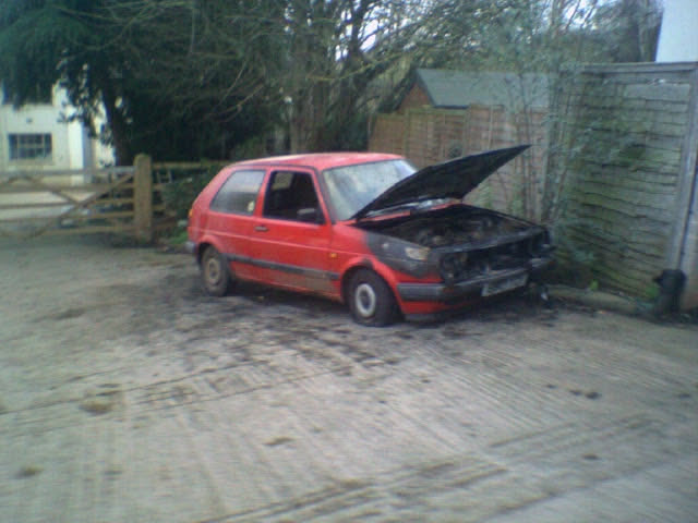The same cars’ sad end. Apparently there’d been a smell of petrol during the few days before it caught itself on fire